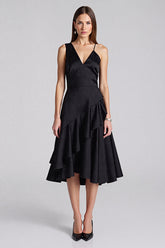 Schwarzes A-Linie Midi Partykleid mit V-Ausschnitt und Rüschen